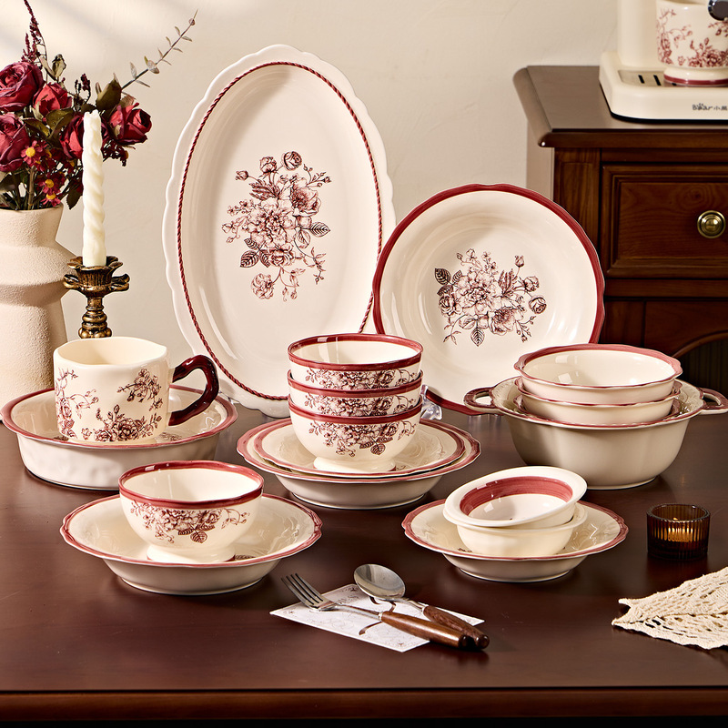 Underglaze painted household high-value ceramic tableware, new French retro style, beautiful dining bowls, rice bowls, soup bowls, and plates