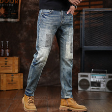 轻奢原创高端美式男士牛仔裤复古怀旧蓝色拼接个性痞帅百搭修身潮