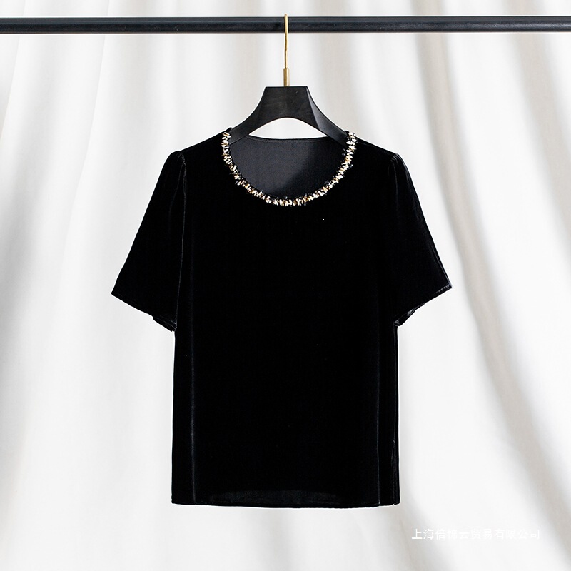 Broken Shell Beads Embellishment~ Mulberry Silk Velvet Round Neck Top for Women, Summer Thin Loose Black T-Shirt with Short Sleeves Broken Shell Beads Embellishment~ Mulberry Silk Velvet Round Neck Top for Women, Summer Thin Loose Black T-Shirt with Short Sleeves