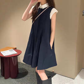 C家标准版型褶裥棉质迷你连衣裙26夏季薄款藏青背心裙 1277763001