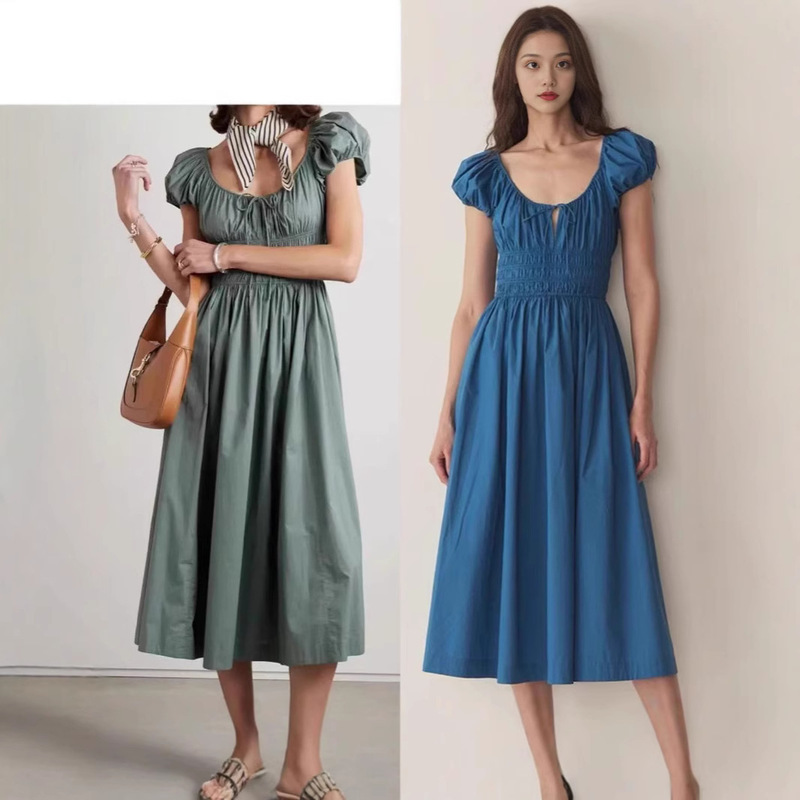 Do American Women's Clothing 2025 New Retro Pure Color Puff Sleeve Round Neck Waist Slimming Look Lace-Up Long Dress Do American Women's Clothing 2025 New Retro Pure Color Puff Sleeve Round Neck Waist Slimming Look Lace-Up Long Dress
