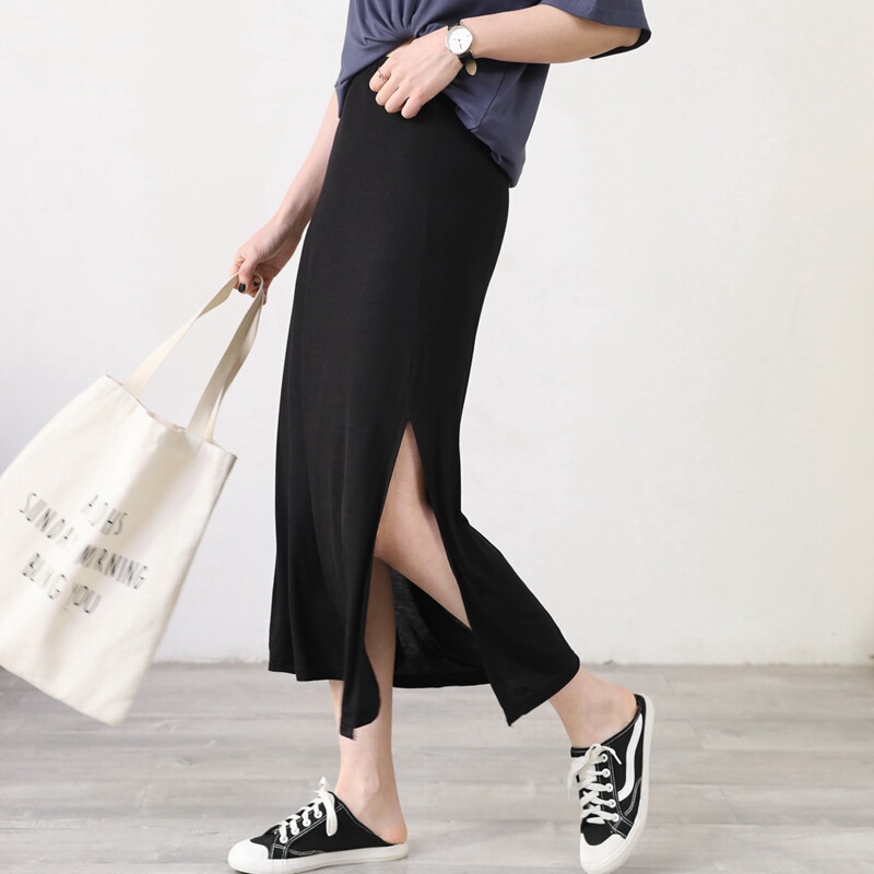 Spring and Summer Side Split Skirt Women's Thin High Waist Skirt Small Black Skirt Long Base Skirt Slimming A- line Skirt