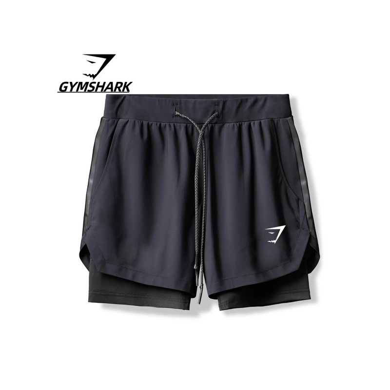 GYMSHARK Men's Summer Running Sports Double-Layer Stretch Quick-Dry Shorts for Fitness, Cross-Border Wholesale