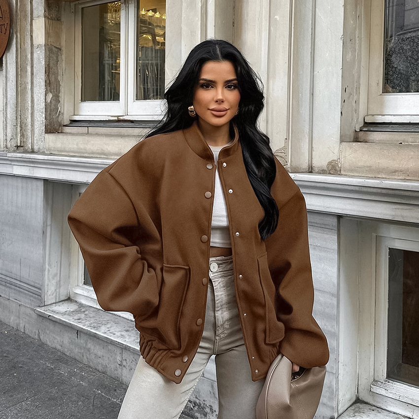 2024 Autumn Russian Retro Woolen Coat Small Stand Collar Women's Warm Thickened Loose Long Sleeve Brown Coat