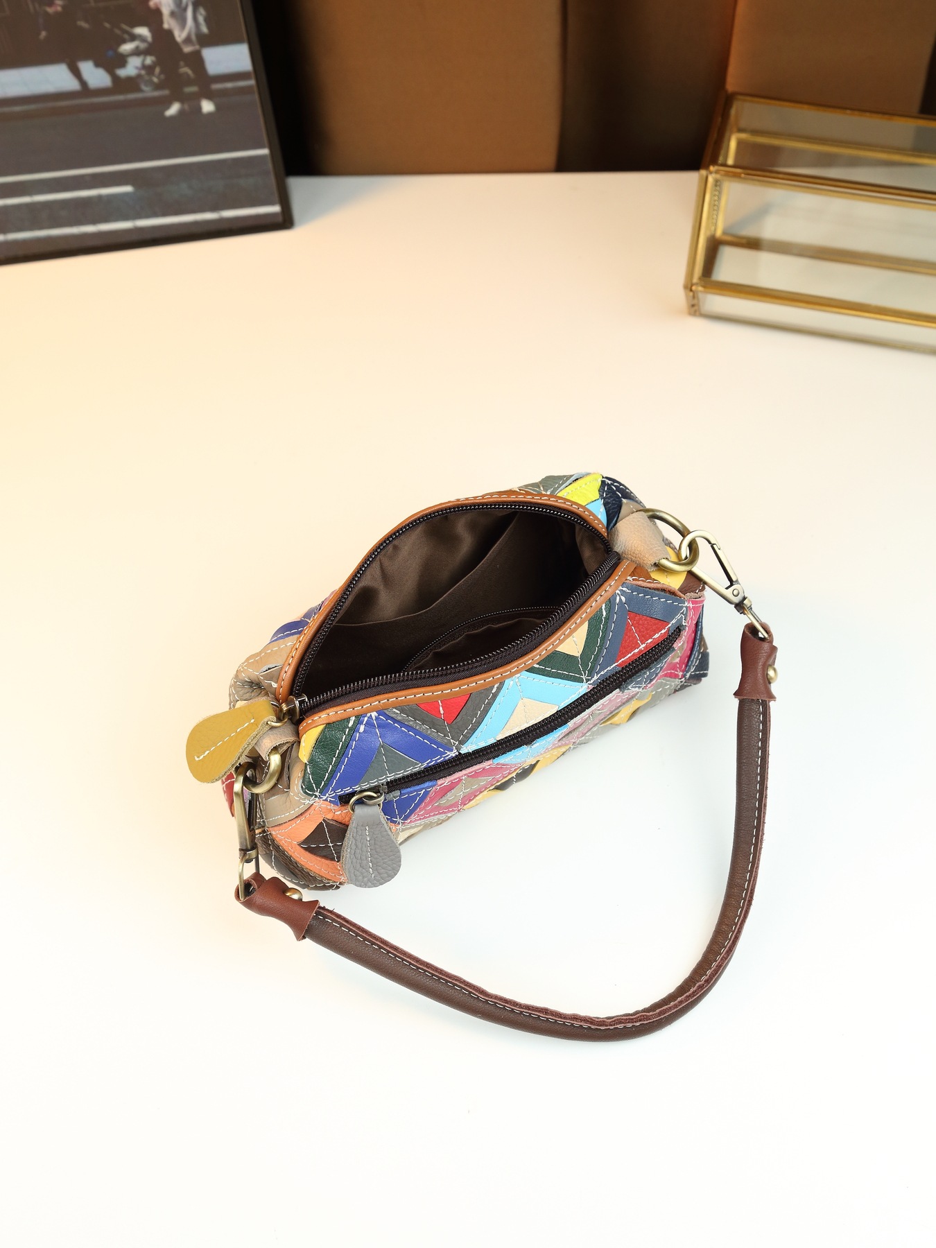 Women's Ethnic Style Colorful Plaid Leather Crossbody Shoulder Bag_voghion.com