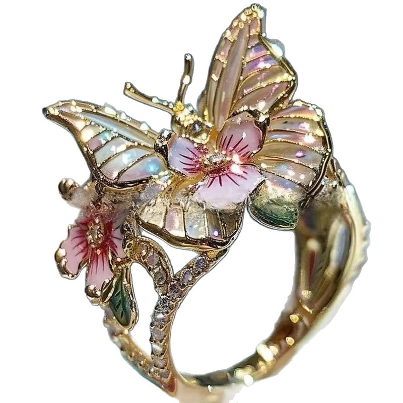 2025 越境新製品蝶の花の女性のオープンリング装飾ファッションリングドリップオイルリング卸売|undefined