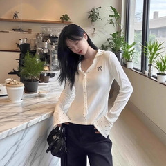 韩系白色波点领带v领长袖t恤女秋季纯欲绝美假两件拼接打底衫上衣