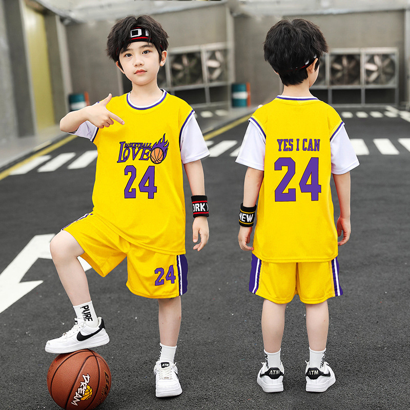 Children's Basketball Uniform Set Fake Two-Piece Men's and Women's No. 24 Jersey Kindergarten Middle-Aged Kidsren Primary School Students Performance Training Uniforms