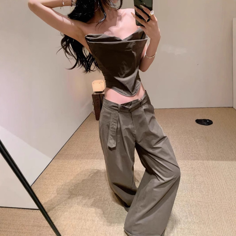 M @ gda Butry **25PS Early Spring Joker with Belt Wide Leg Pants Brown Stereo Strapless Wide Leg Pants suit