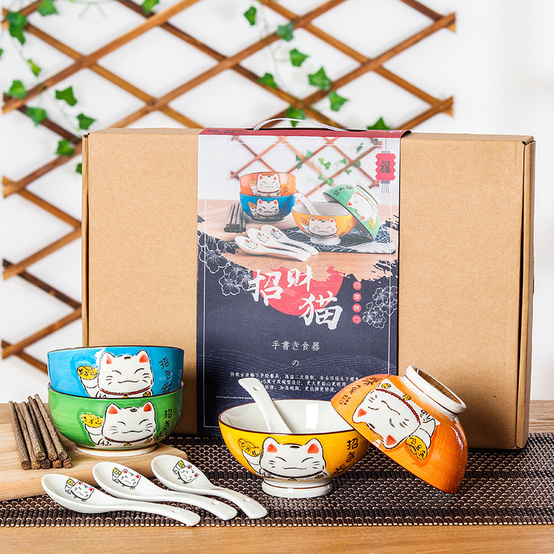 [Gift] Ceramic Bowl and Chopsticks Set, Hand-Painted Personalized Household Bowls and Spoons, New Year's Promotion Bowl Set Gift Box