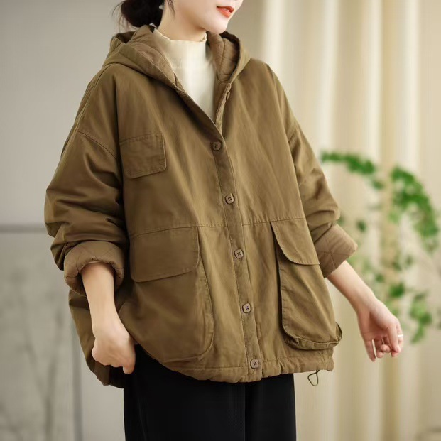 2024冬季棉服女新款休闲连帽棉衣加绒加厚保暖外套学院风宽松外套