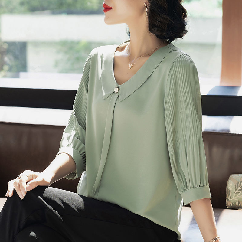 中年妈妈装夏季雪纺衫上衣休闲百搭显瘦女装翻领衬衫套装七分袖