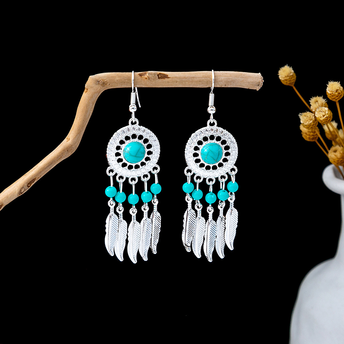 1 Pair Casual Retro Geometric Beaded Alloy Turquoise Drop Earrings display picture 10
