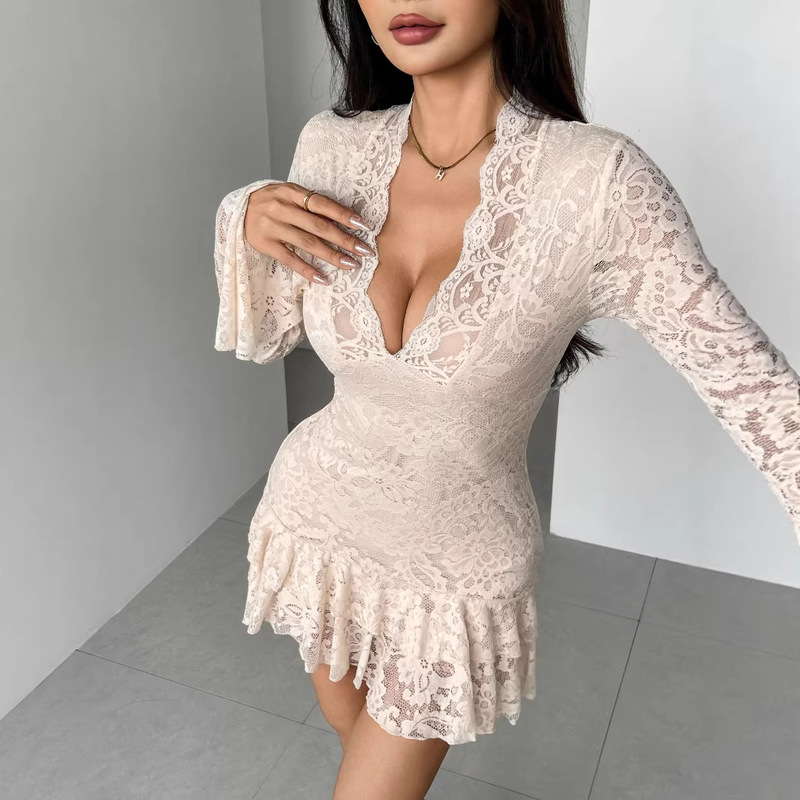European and American Cross-Border Foreign Trade 2026 Spring New Lace V-Neck Double-Layer Ruffle Slim-Fit Bodycon Dress for Women