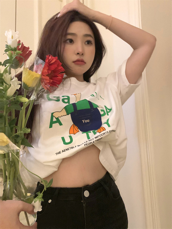 Summer Japanese and Korean Style Vintage Women's Printed T-shirt Pure Cotton Short-sleeved T-shirt Women's Ins Trendy Loose Casual Inner Top
