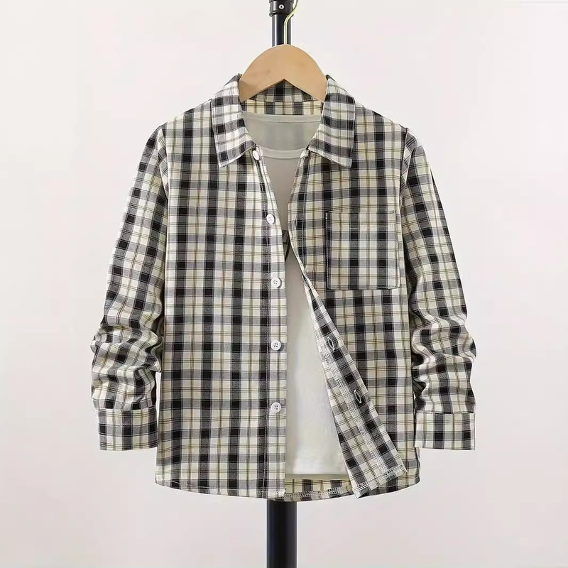New Design Textured Comfortable 2024 Autumn Loose Boys' Long Sleeve Lapel Button Shirt