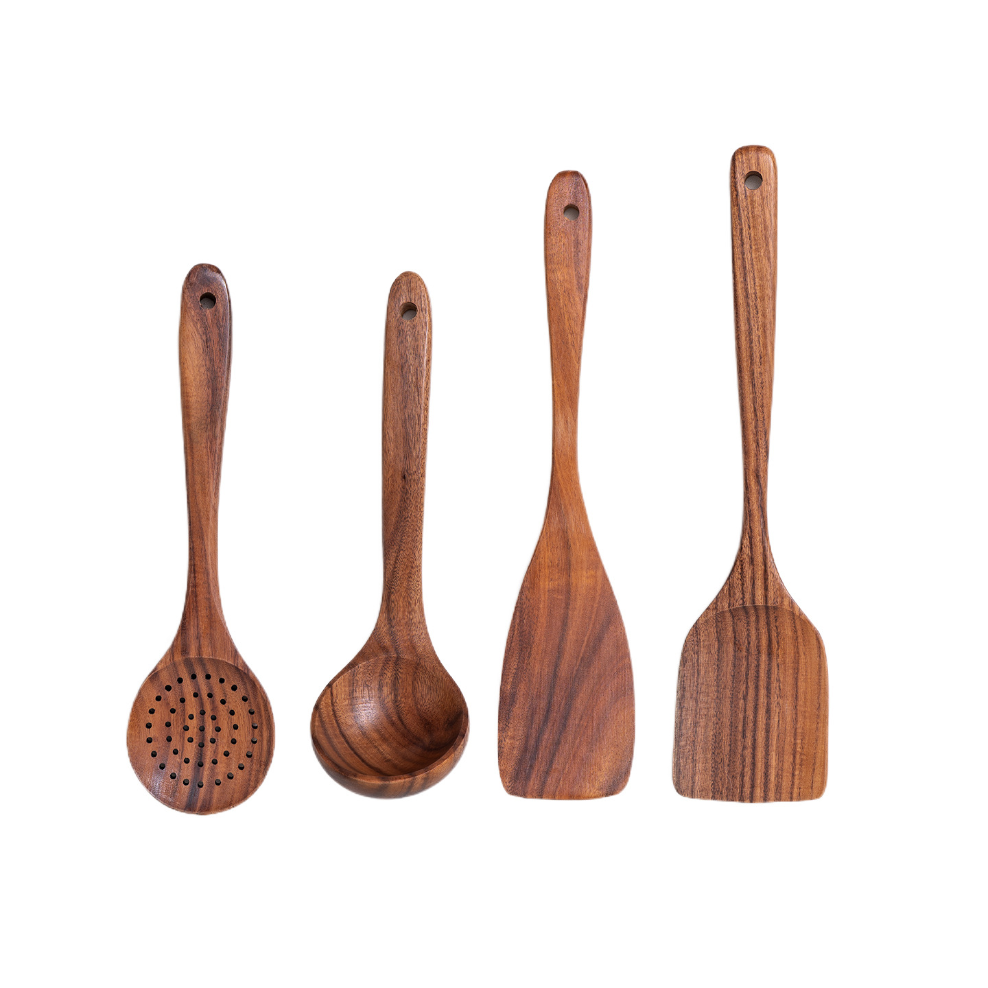 Juego de teca de Amazon, sartén antiadherente de madera de acacia, espátula especial para cocinar en casa, tenedor para ensaladas, cuchara para sopa con fugas