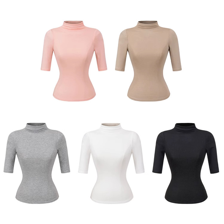 AP25150-25 Spring New European and American Style Micro-transparent High Neck Middle Sleeve Elastic Slim-fit Figure Base Shirt T-shirt