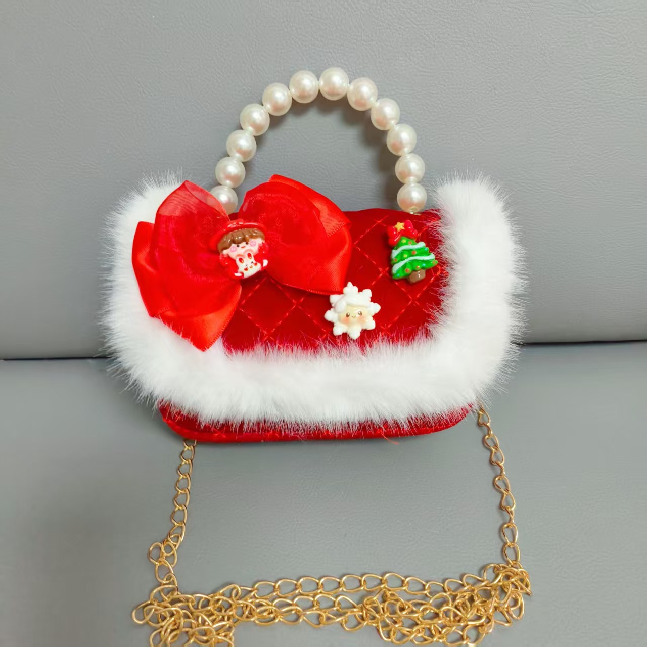 Cartera de Año Nuevo rojo arco de papá Noel bolso de perla pequeña cadena de viento fragante bolso de hombro