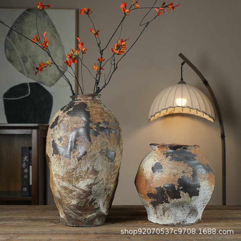 Vintage Old Coarse Pottery Zen Style Vase Dried Flower Flower-arranging Homestay Model Room Floor-standing Ceramic Ornaments Flower Pot