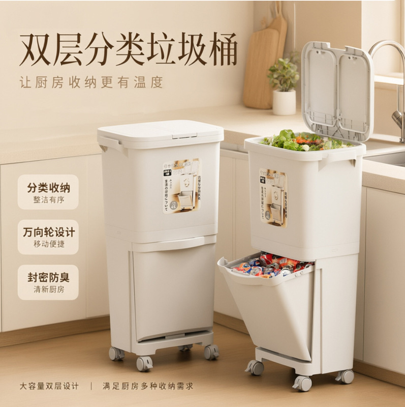 Double-layer classification trash can press-type thickened large-capacity kitchen garbage dry and wet classification without bending double-layer belt cover