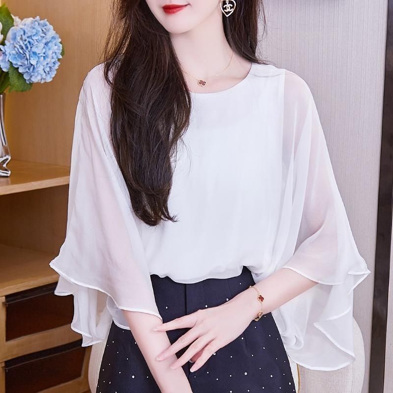 2025 신상 쉬폰 7부소매 여성 여름 배트 슬리브 패셔너블하고 스타일리시한 살을 커버하는 여성용 셔츠 탑, 슈퍼 요정과 다용도