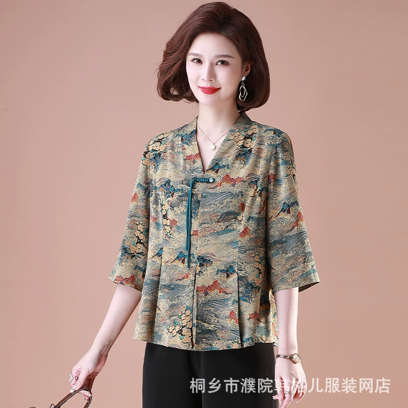 Мама весенняя новая рубашка с семью рукавами модная благородная женщина среднего и пожилого возраста женская теща новая китайская национальная рубашка