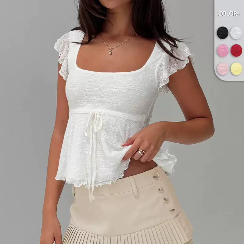 亚马逊TOP女士方领蕾丝内搭上衣女夏Y2K系带衬衫收腰甜美花边女装