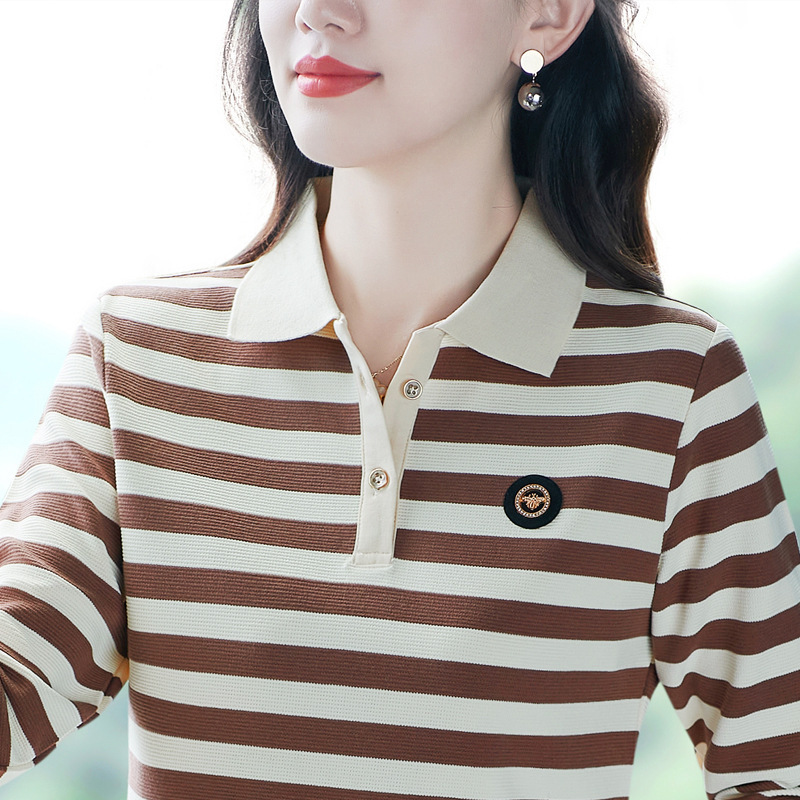 55% Cotton, 45% Polyester】Spring and Autumn Versatile Fashion Casual Polo Collar Long-Sleeve New Style Simple and Elegant Striped Top