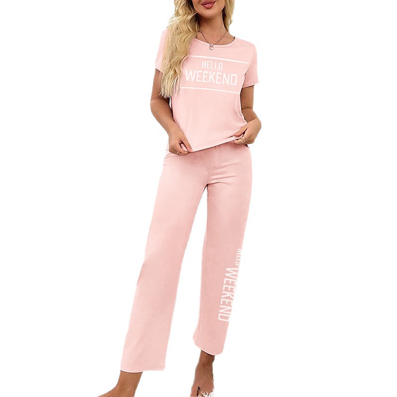 Women's Autumn Pajama Set European American Style Casual Two Piece Sleepwear With Short Sleeved Top And Long Pants Can Be Worn Outside_voghion.com