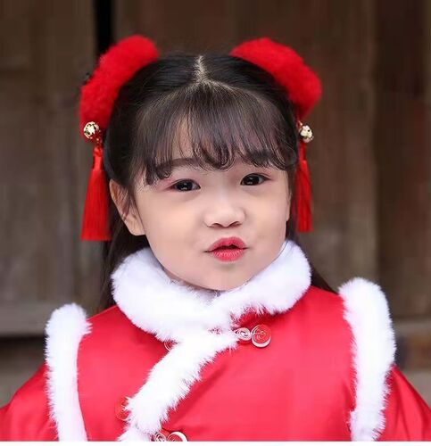 Children's New Year Chinese style plush tassel hairband ancient style headband hair accessories girls rubber band baby New Year's headwear