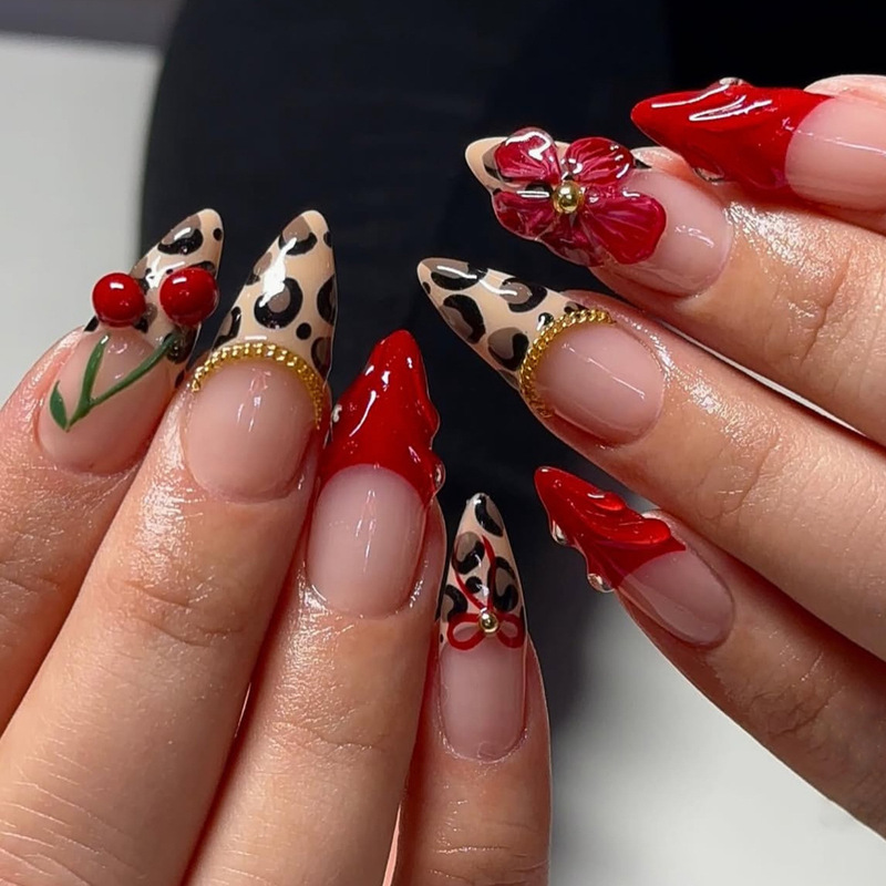 Wearable Almond-Shaped Red Leopard Print French Chain Stereo Glue Flower Cherry Decoration Removable Fake Nails