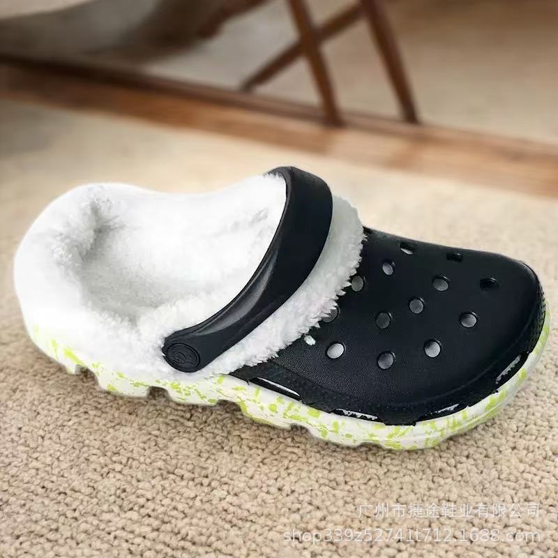 Autumn and Winter New Style Velvet Printed Clogs for Men and Women, Warm Casual Furry Shoes, Non-Slip and Wear-Resistant, Korean Style Flats Cotton Slippers