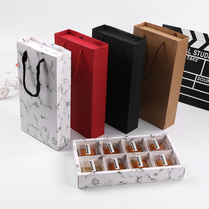 大理石纹手提袋1盒8粒月饼盒包装袋红色礼品手拎袋提绳纸袋批发