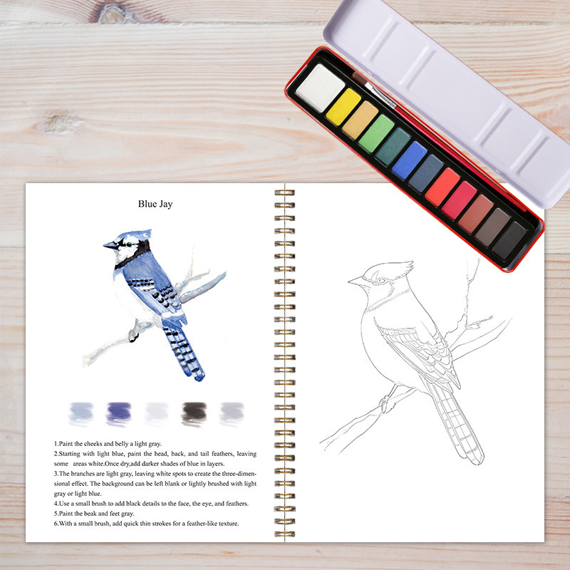 跨境新品 watercolor workbook 水彩专用着色本 水彩画本带水彩盒|undefined