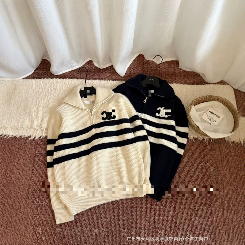 2026 Autumn Half-Zip Two-Tone Sweater ~ C Brand Triumph M Knit Striped Loose-Fit Half-High Neck Half-Zip Sweater