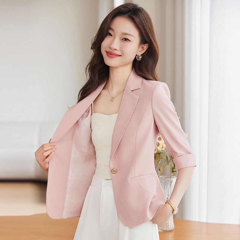 Women's Summer Thin Pink Three-Quarter Sleeve Blazer, 2025 New Casual Short Petite Mid-Sleeve Suit Jacket