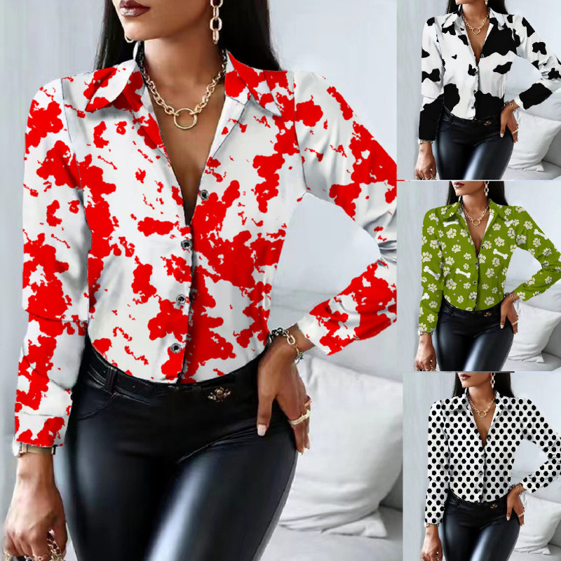 2022 in stock wholesale Spring and Autumn new European and American cross-border women's shirt black and white milk pattern printed women's long-sleeved shirt 2022 in stock wholesale Spring and Autumn new European and American cross-border women's shirt black and white milk pattern printed women's long-sleeved shirt
