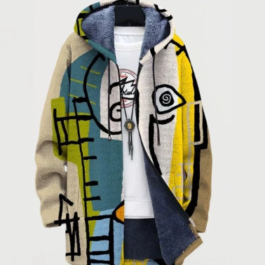 2024 Winter New European and American Multi-color Multi-pattern Cotton Jacket with Fleece Lining, Comfortable 3D Print, Hooded Cardigan with Zipper and Pockets