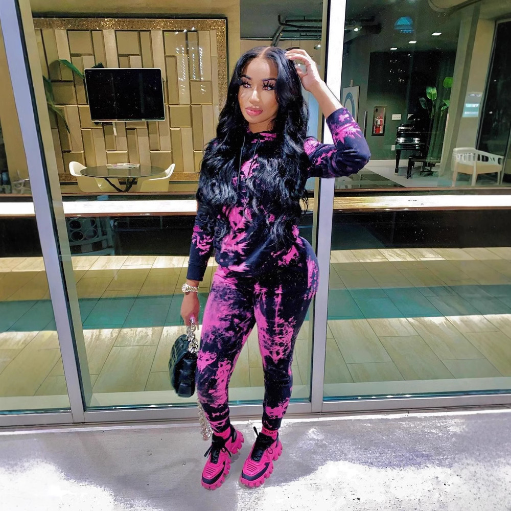 FF1055 Amazon Cross-border European and American Women's 2-piece Set Large Size Women's Tie-dye Sweatshirt Sports Suit