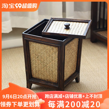 藤编垃圾桶带盖家用客厅创意垃圾篓复古木质新中式卫生间竹编纸篓