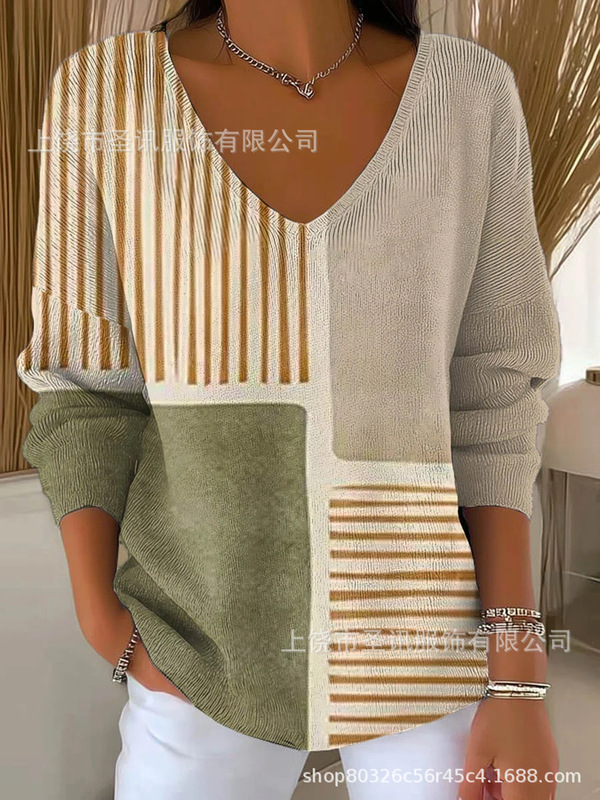 欧美跨境独立站新款3D印花女士时尚渐变色V领长袖T恤上衣|undefined
