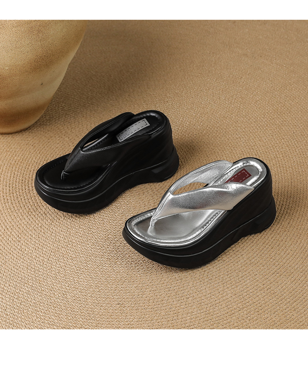 Dép xỏ ngón nữ đế xuồng cao gót 9 cm phong cách platform — màu đen, bạc chi tiết 18