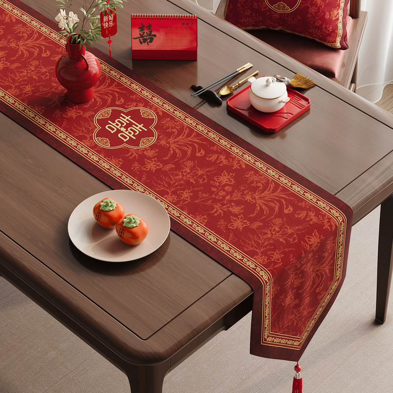 New Chinese Style Wedding Table Flag Red Long Table Cloth Accessible Luxury Classy Festive Wedding Room Layout Living Room Decoration Cover Cloth