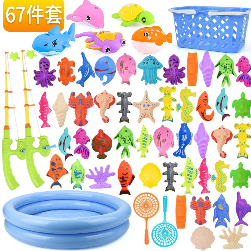 Amazon Summer Water Магнитная игрушка для рыбалки Домашнее животное Трехмерная удочка для рыбы Круглый бассейн 67 предметов Пакет игрушек