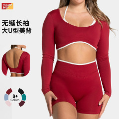 跨境欧美无缝假两件长袖瑜伽上衣女跑步健身运动上衣瑜伽服上衣