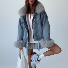 街头风毛毛装饰牛仔外套复古潮流秋冬宽松百搭夹克新款跨境女装