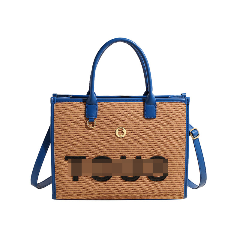 Bolsa de paja para mujer 2024 nuevo bolso tejido portátil de diseño de estilo occidental de gran capacidad, bolso cuadrado pequeño con letras de color en contraste personalizado