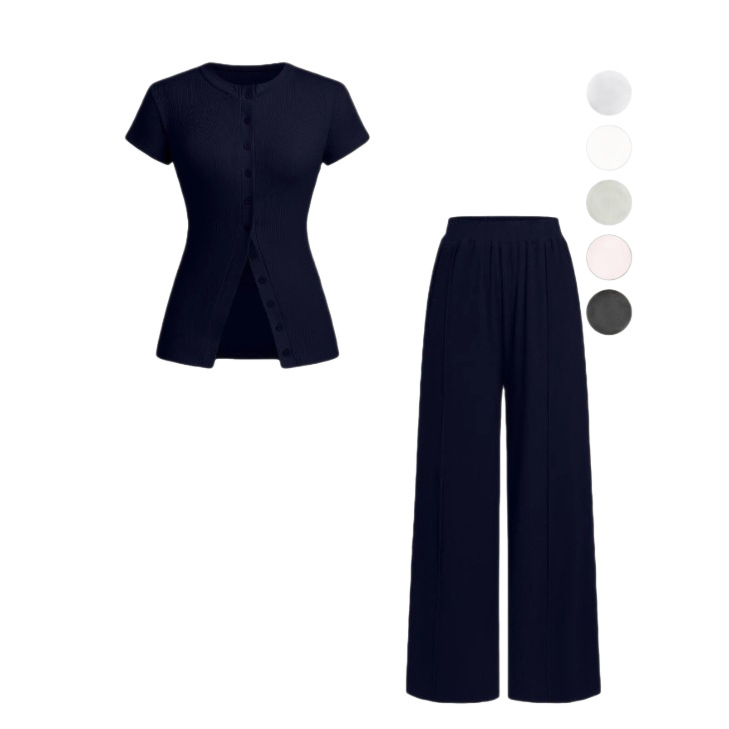 Completo da donna a maniche corte, tinta unita, a vita alta, stile transfrontaliero europeo e americano, modello 2025, nuovo set a due pezzi con maniche corte, tinta unita e vita alta._voghion.com