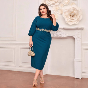 European and American Cross-Border Dress Women's Autumn and Winter Belt Large Size New Elegant Elegant Long Skirt Women's High-End Skirt